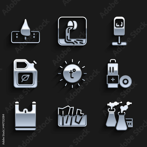Set Sun, Glacier melting, Smoke from factory, Battery, Plastic bag, Bio fuel canister, Trash and Deforestation icon. Vector