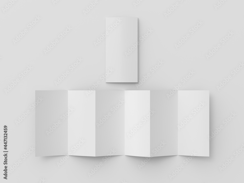 Vertical page zigzag or accordion fold brochure. Six panels, twelve pages blank leaflet. Mock up on white background for presentation design. Unfolded and folded. Vertical page zigzag or accordion fold brochure. Six panels, twelve pages blank leaflet. Mock up on white background for presentation design. Unfolded and folded.