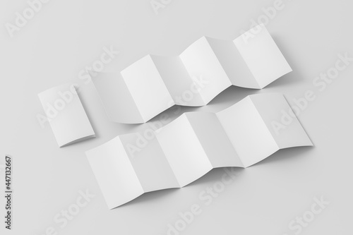 Vertical page zigzag or accordion fold brochure. Six panels, twelve pages blank leaflet. Mock up on white background for presentation design. Folded and unfolded front and back.