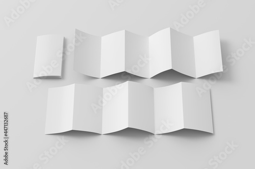 Vertical page zigzag or accordion fold brochure. Six panels  twelve pages blank leaflet. Mock up on white background for presentation design. Folded and unfolded front and back.