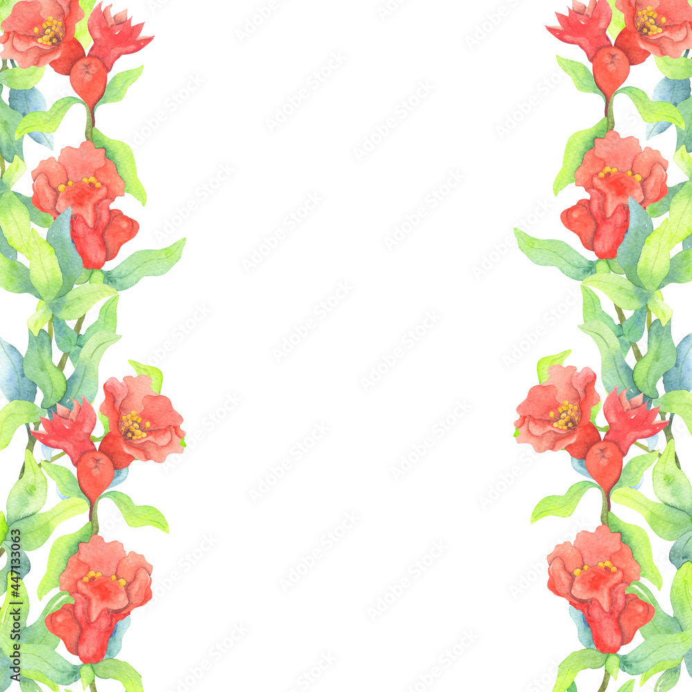Frame with watercolor flowers of pomegranates Frame with watercolor flowers of pomegranates