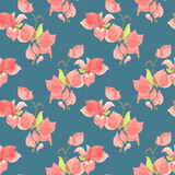 Watercolor seamless pattern with red bougainvillea flowers.