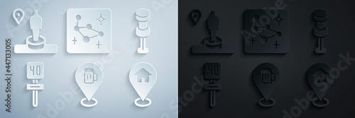 Set Alcohol or beer bar location, Push pin, Road traffic sign, Location with house, Great Bear constellation and and monument icon. Vector