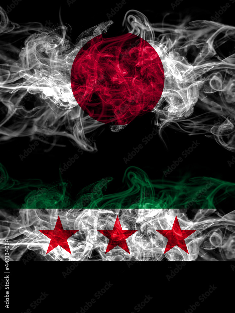 Smoke flags of Japan, Japanese and Syria, Syrian Arab Republic, three stars Smoke flags of Japan, Japanese and Syria, Syrian Arab Republic, three stars