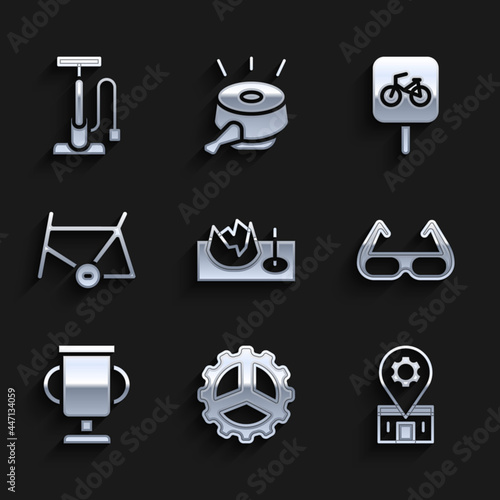 Set Bicycle on street ramp, sprocket crank, repair service, Sport cycling sunglasses, Award cup with bicycle, frame, parking and pump icon. Vector
