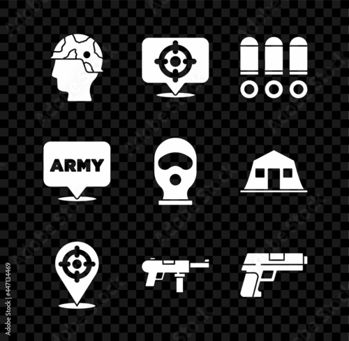 Set Army soldier, Target sport, Bullet, Submachine gun M3, Pistol, Military army and Balaclava icon. Vector