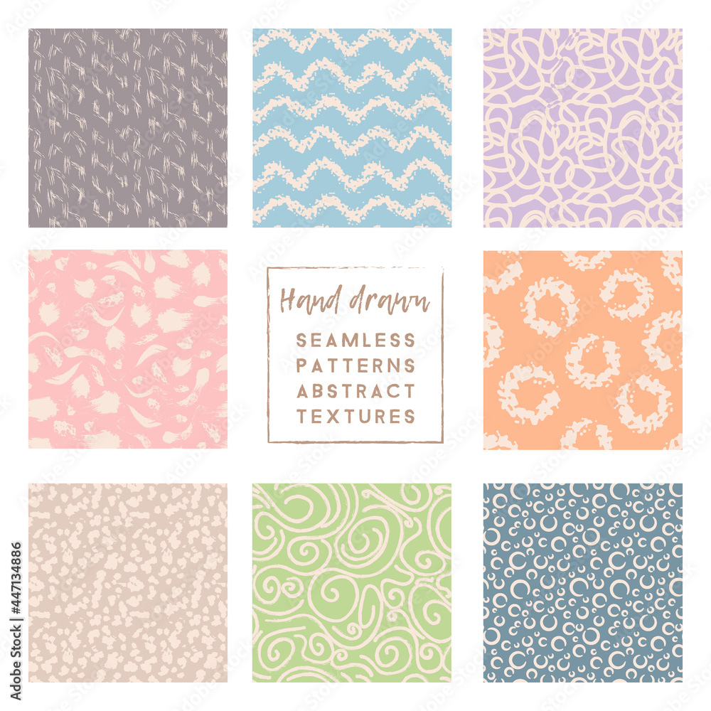 Delicate pastel color seamless patterns collection with naive hand drawn elements