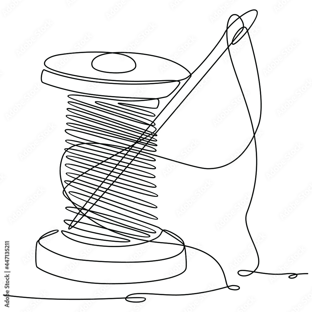 continuous line drawing of thread spool with needle vector illustration ...