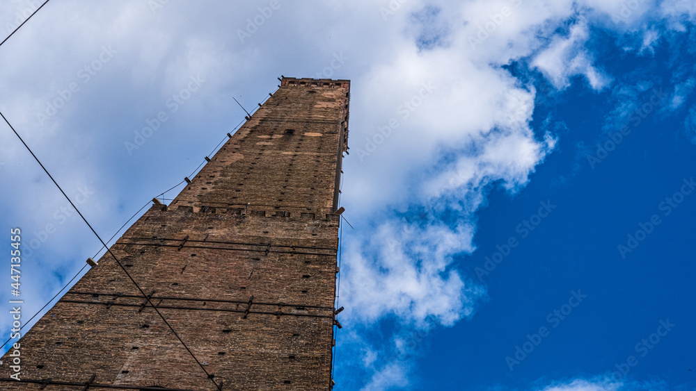 Torre degli Asinelli bottom view with blue sky. Bologna, Italy.