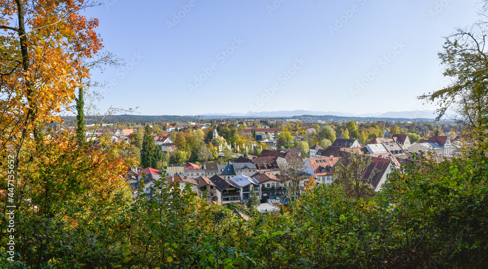 tourist resort Wolfratshausen, view from the hillside, autumnal trees, bavarian landscape