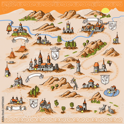 Medieval European map engraving and woodcut style vector cartography landmark illustrations