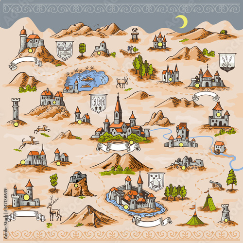 Medieval European map engraving and woodcut style vector cartography landmark illustrations