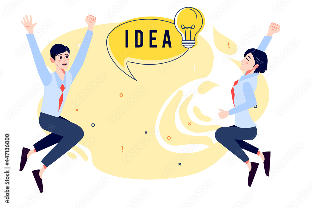 Fototapeta premium Co-workers jumping out of Happiness celebrating idea. Creative Office Workers with Idea Light Bulb Concept. Cartoon Vector Illustration. 