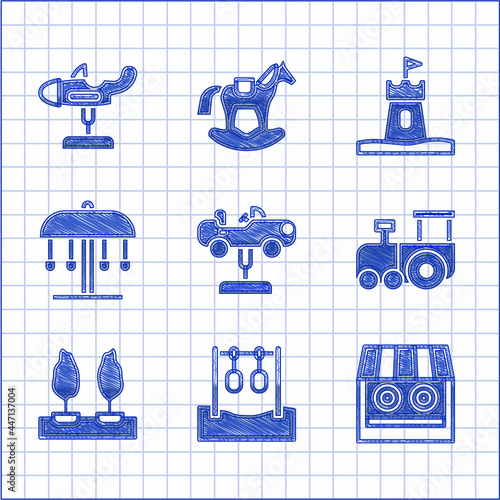 Set Swing car, Gymnastic rings, Shooting gallery, Toy train, Forest, Attraction carousel, Sand tower and plane icon. Vector