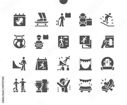 Go Skateboarding Day 21 June. Skate and skateboarder. Calendar. Twenty first of june. Holiday. Master class. Competition and award. Vector Solid Icons. Simple Pictogram