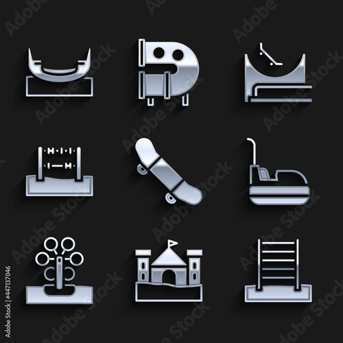 Set Skateboard trick, Sand castle, Swedish wall, Bumper car, Ferris wheel, Abacus, park and Boat swing icon. Vector