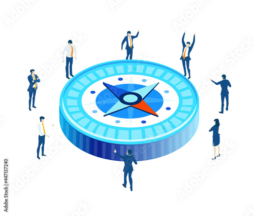 Business people having meeting next to compass, making designs which way to go. Partnerships.  New start up. Isometric iconographic of business working space with people, business concept