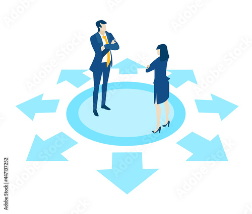Business people having a meeting, helping each other to solve the problems and working together. Isometric iconographic of business working space with people, business concept
