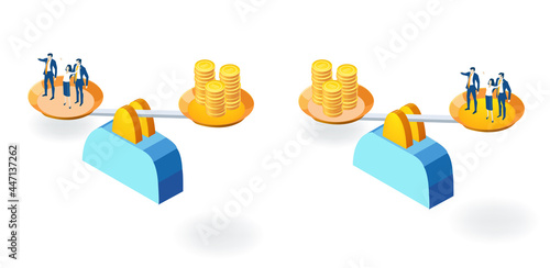 Business people, bankers, team of successful people and golden coins  on scale.  Partnerships.  New start up. Isometric iconographic of business working space with people, business concept photo