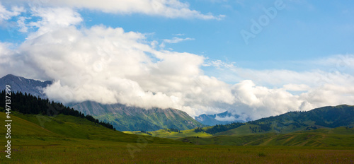 Summer pastures dzhailau in Kegen region. Summer cloudy day in mountains.
