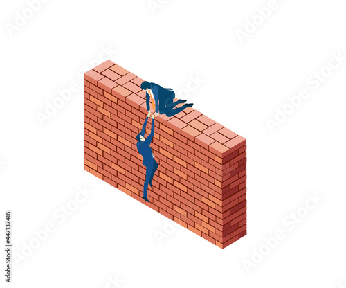 Business people try to get on top of brick wall. Partnerships.  New start up. Isometric iconographic of business working space with people, business concept