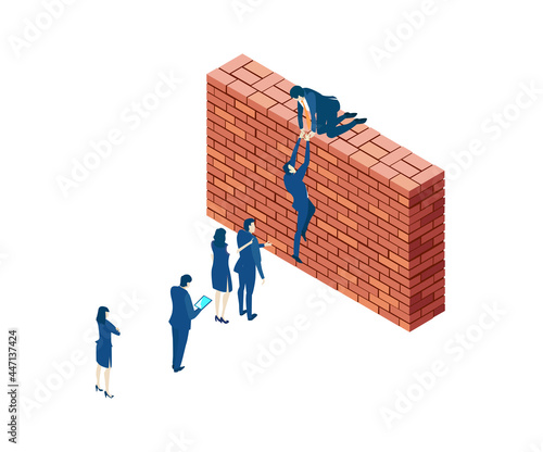 Business people try to get on top of brick wall. Partnerships.  New start up. Isometric iconographic of business working space with people, business concept
