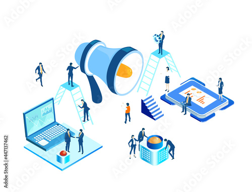 Wallpaper Mural Business people working around megaphone, discussing the deal. Isometric iconographic of business working space with people, business concept illustration Torontodigital.ca