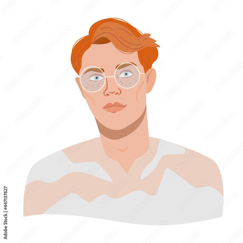 Portrait of a redhead guy with glasses. Vector illustration avatar of stylish businessman or programmer. Male character in cartoon flat style isolated on white.