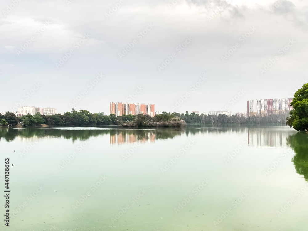 view of the river with modern city