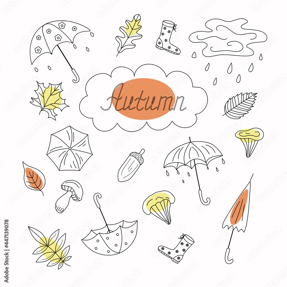 Autumn set in the style of doodle. Text. Umbrellas, leaves, acorns, forest mushrooms, waterproof boots. Rainy season. Vector illustration with isolated background. Autumn set in the style of doodle. Text. Umbrellas, leaves, acorns, forest mushrooms, waterproof boots. Rainy season. Vector illustration with isolated background.