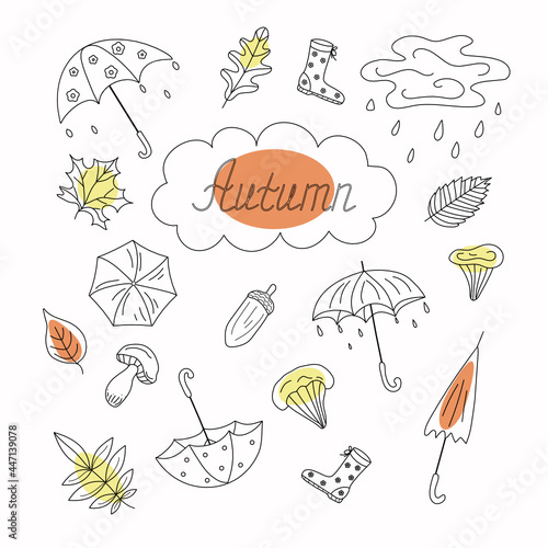 Autumn set in the style of doodle. Text. Umbrellas, leaves, acorns, forest mushrooms, waterproof boots. Rainy season. Vector illustration with isolated background.