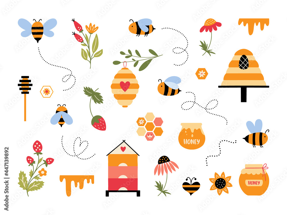 Fototapeta premium Cute cartoon bee vector set Bumblebee beehive
