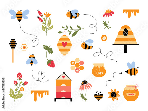 Cute cartoon bee vector set Bumblebee beehive