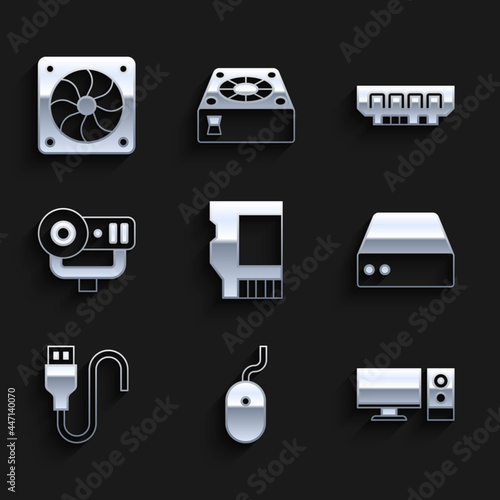 Set SD card, Computer mouse, monitor, Server, Data, Web Hosting, USB cable cord, camera, RAM, random access memory and cooler icon. Vector