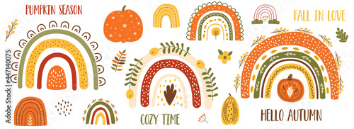 Autumn pumpkin clip art, autumn rainbow set. Thanksgiving pumpkin, fall floral elements, cute arches