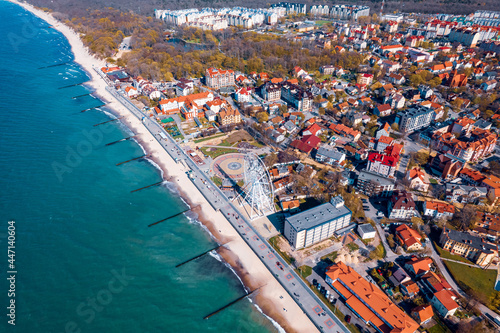 Fotografie Aerial top view city Baltic sea beach Zelenogradsk Kaliningrad Russia summer sun