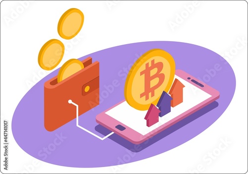 Phone mockup and coin . Replenishment of the account bitcoins with wallet. The growth of the bitcoin rate. Vector isometric 3d illustration. Popular flat colors.
