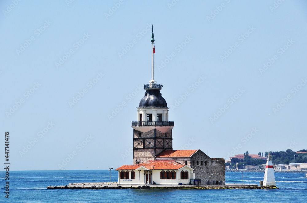 Panoramic view of the Maiden Tower. View of the island in the Bosphorus. Summer, sunny day.