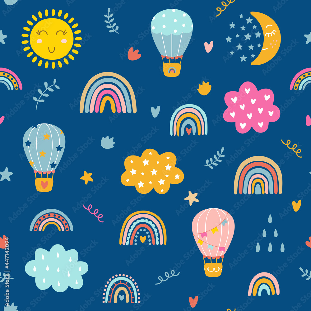 Seamless childish pattern with hand drawn rainbows, clouds and hot air balloons. Scandinavian style pattern. Vector illustration Seamless childish pattern with hand drawn rainbows, clouds and hot air balloons. Scandinavian style pattern. Vector illustration