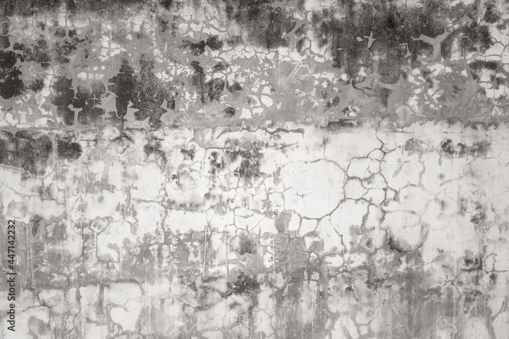 Cracked and weathered concrete wall with dirty surface. Background and textured pattern photo.