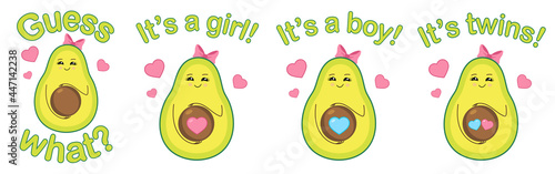 Guess what? Pregnancy announcement print design. Smiling avocado pointing at round belly. Pink hearts. Pregnant woman. Surprise. Expecting a baby. It's a girl. It's a boy. It's twins.