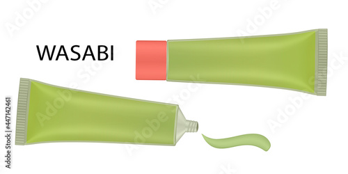 Set of wasabi sauce tubes with green cap and smear. Sushi serving. Japanese cuisine. Bottle of spicy sauce