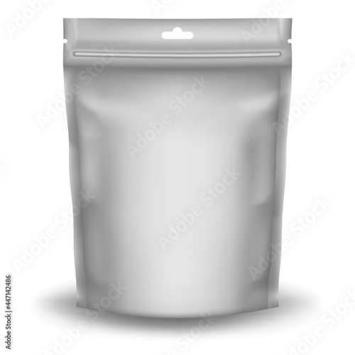 Realistic Zip Package design - blank mockup template. Flexible doy pack. Vector illustration of a silver foil bag. Plastic sachet pouch for coffee, candy, shack or nuts. Zipper food bag. Doypack