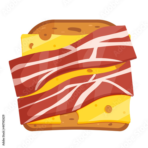 Sandwich with toast and ham and cheese. Breakfast with bread and bacon. A variety of delicious sandwiches for a snack, snacks. Vector illustration isolated on white background.