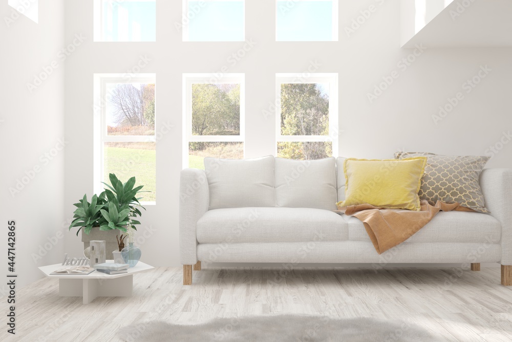 Stylish room in white color with sofa and autumn landscape in window. Scandinavian interior design. 3D illustration Stylish room in white color with sofa and autumn landscape in window. Scandinavian interior design. 3D illustration