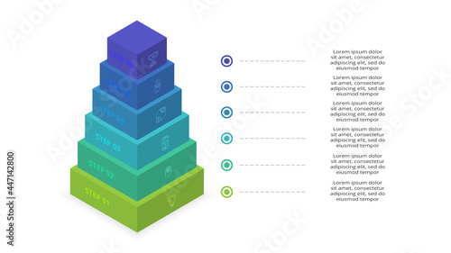 3D vector infographic pyramid, or comparison chart with 6 colorful levitating layers. The concept of six levels or stages of a business project. Realistic infographic design template.