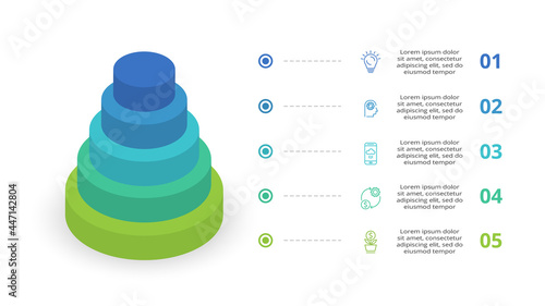 3D vector infographic pyramid, or comparison chart with 5 colorful levitating layers. The concept of  levels or stages of a business project. Realistic infographic design template.