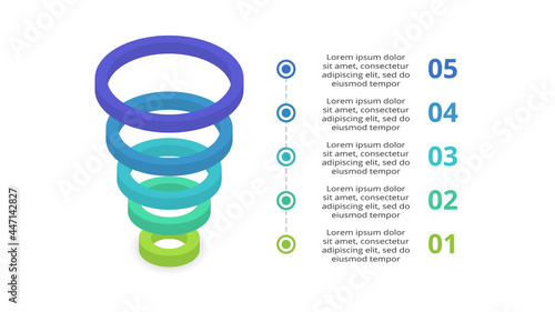 3D vector infographic pyramid, or comparison chart with 5 colorful levitating layers. The concept of levels or stages of a business project. Realistic infographic design template.