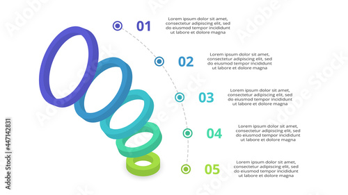3D vector infographic pyramid, or comparison chart with 5 colorful levitating layers. The concept of  levels or stages of a business project. Realistic infographic design template.
