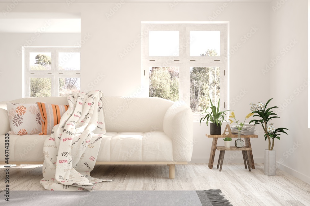 Fototapeta premium White living room with sofa. Scandinavian interior design. 3D illustration
